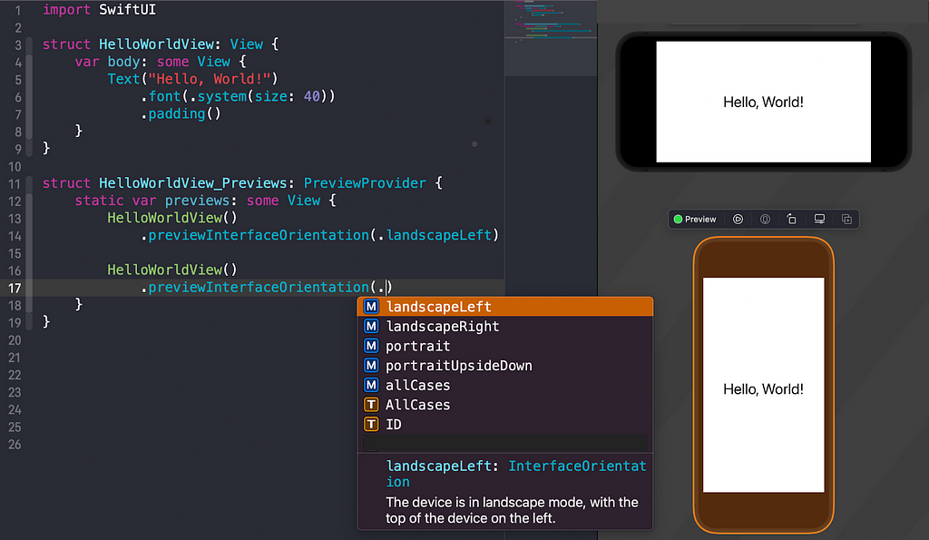 Screenshot of Xcode environment with a SwiftUI view presenting a Hello Word view and using the previewInterfaceOrientation modifier