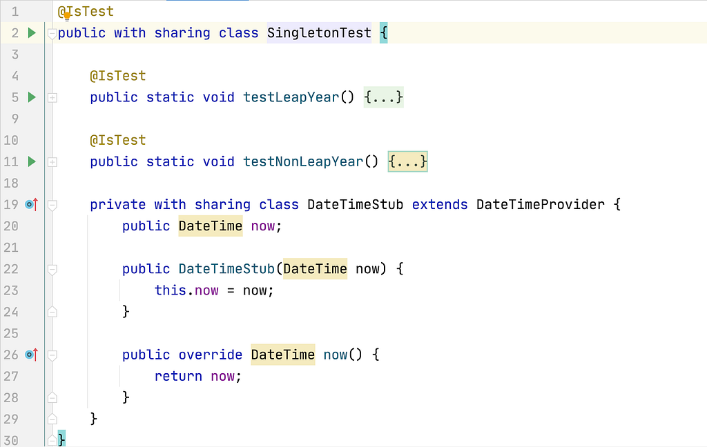 Singleton Test code, collapsed. Highlighting two test methods, testLeapYear and testNonLeapYear. Shows the stub DateTimeStub.
