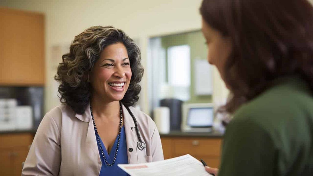 A middle aged hispanic woman is talking to a nurse in a medical clinic. The nurse is holding a medical chart.