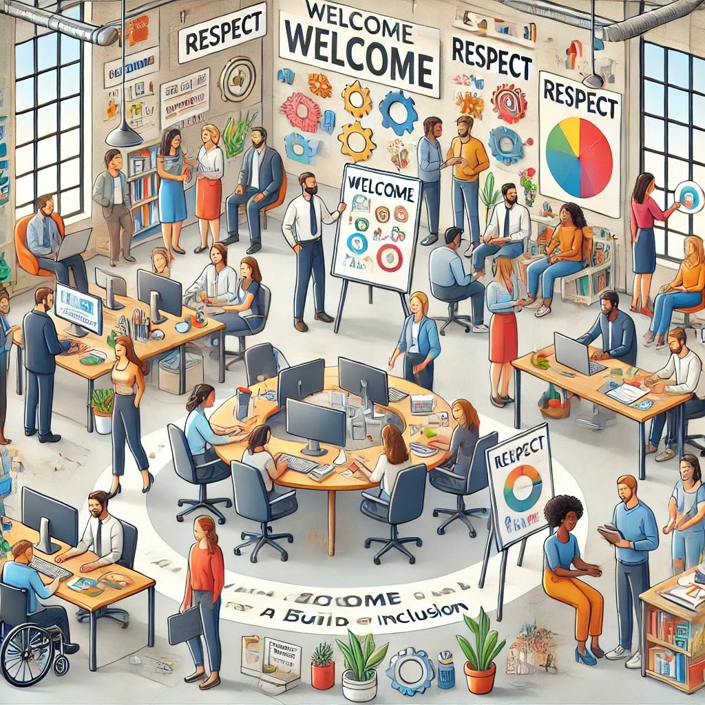 An illustration depicting the creation of an inclusive workplace culture. The scene shows a diverse group of employees of different genders, ethnicities, and abilities working together harmoniously in an office setting. The office includes elements such as desks, computers, and whiteboards with inclusive messages like ‘Welcome,’ ‘Respect,’ and ‘Teamwork.’ The employees are engaged in various activities, such as group discussions, collaborative projects, and one-on-one mentoring sessions.