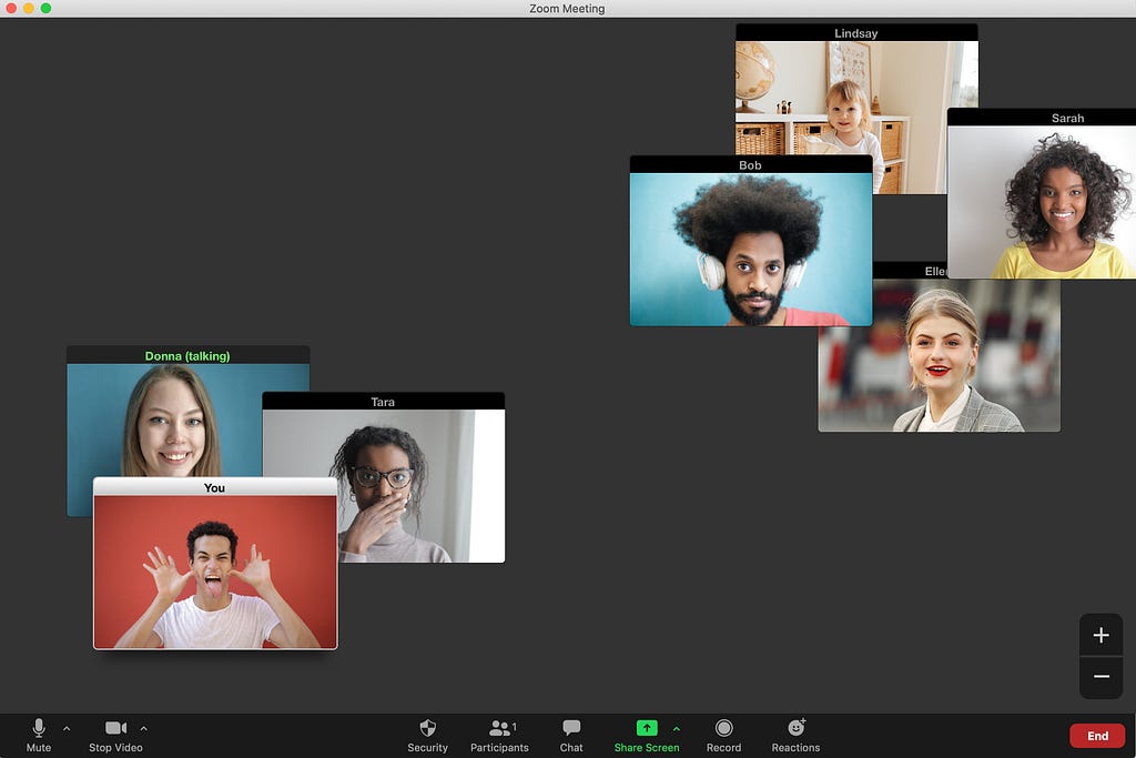 A mockup of a video chat window showing small video feed tiles within the main window arranged into small clusters.