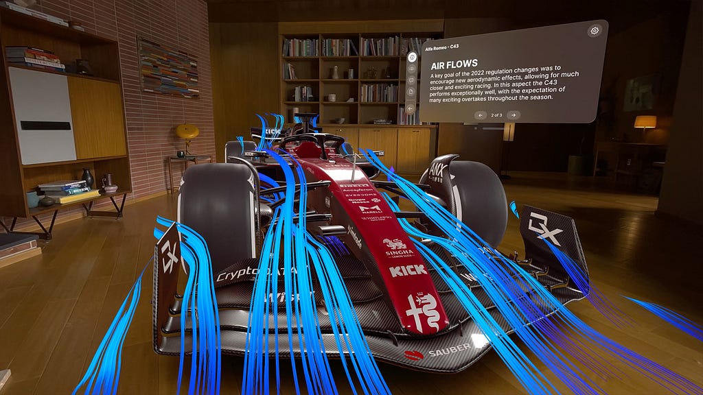 Apple’s visionOS visualizing airflow on top of a Formula 1 car