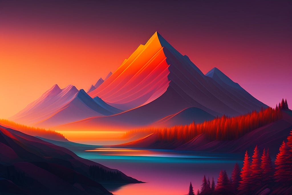 AI-generated stylized painting of a mountain range at sunset.