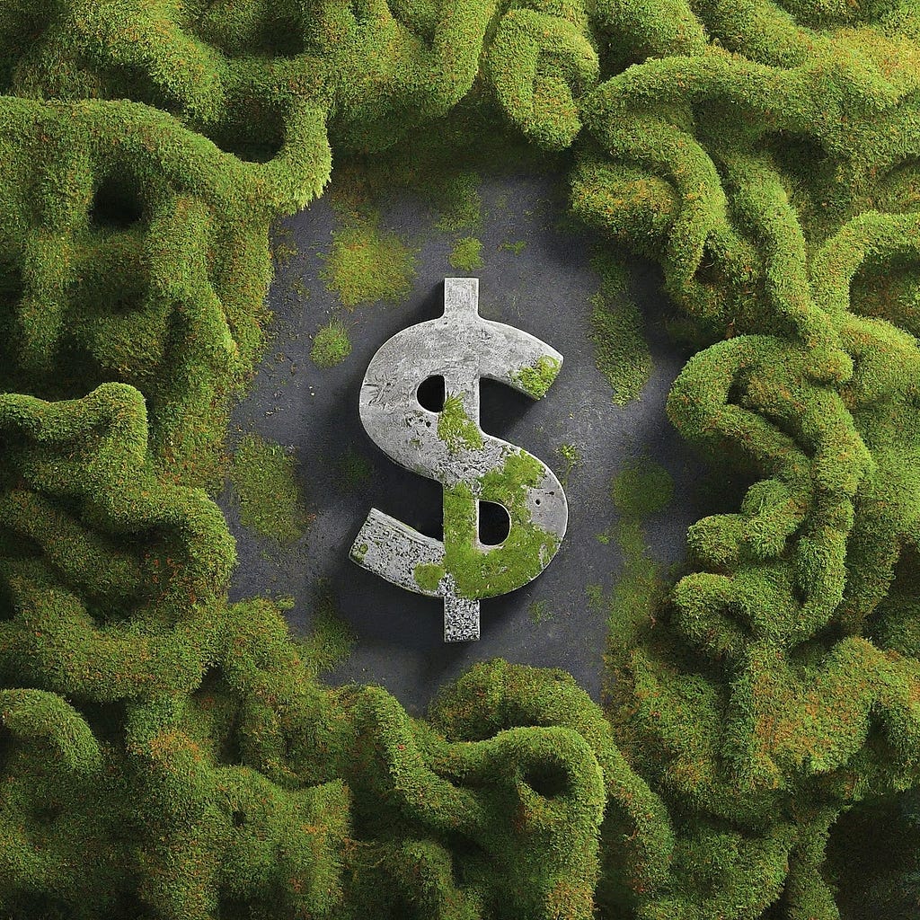 A stone dollar symbol amidst lush green moss, illustrating the intersection of finance and environmental sustainability.