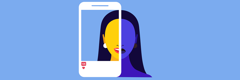 The image shows a persons head split in two halfs, the left is a mobile phone with half the face and hearts as likes. The right hand side shows the face without social medial.