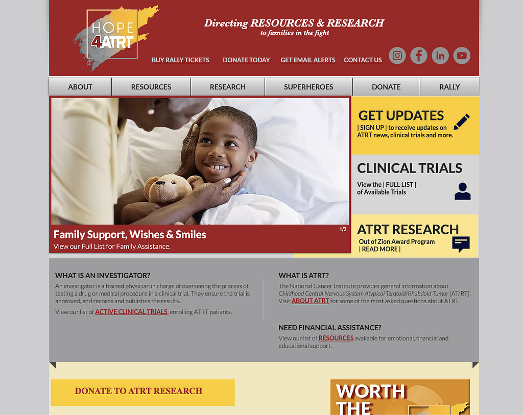 The current Hope4ATRT homepage.