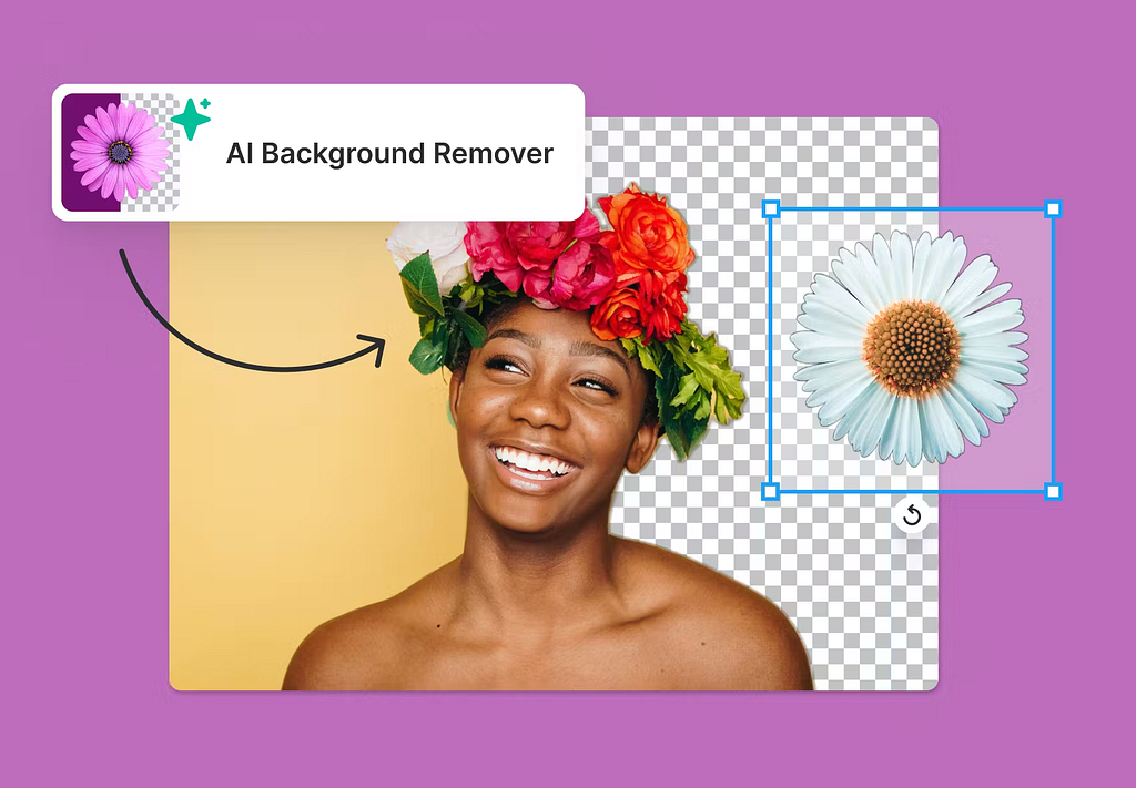 Visual of an AI background remover tool with a lady on a colorful background that is half empty on the right thanks to the AI background remover