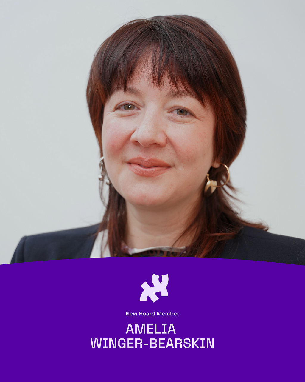 A graphic with an image of our new board member, Amelia Winger-Bearskin. Their profile photo sits on top of a dark purple graphic element at the bottom in the shape of a hill which reads, “New Board Member Amelia Winger-Bearskin” with the Processing logo in white on top of the text.