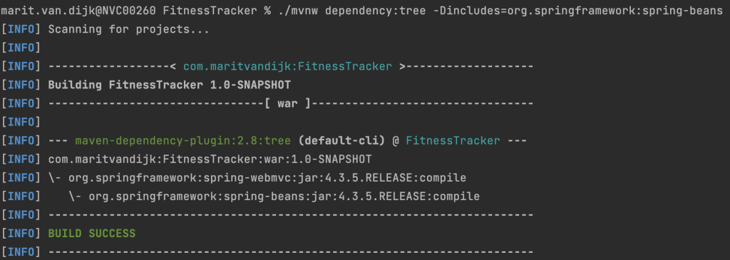 Command line showing a command to filter the Maven dependency tree and it’s output