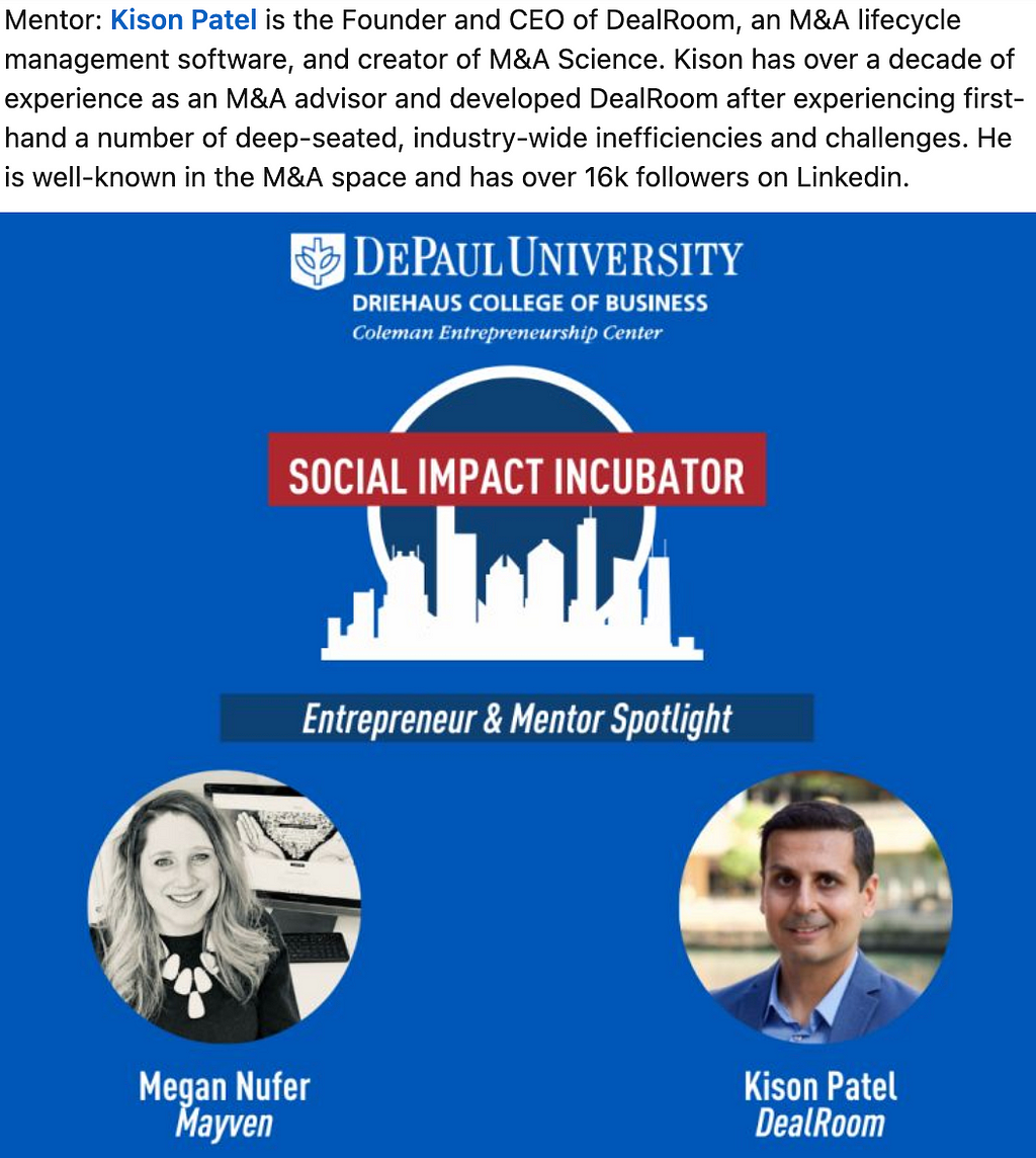 Short Bio of Kison Patel followed by: DePaul University-Driehaus College of Business-Coleman Entrepreneurship Center Social Impact Incubator Logo. Left picture is a headshot of Megan Nufer and right picture is a headshot of Kison Patel