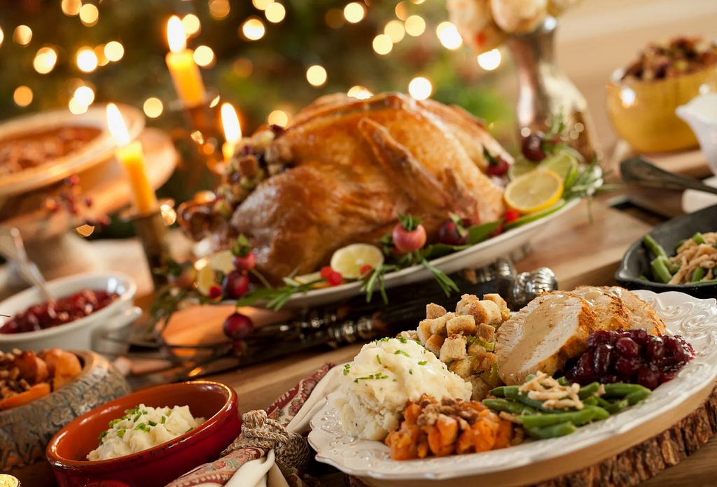 Traditional Thanksgiving Table With Roast Turkey, Vegetables, Mashed Potatoes