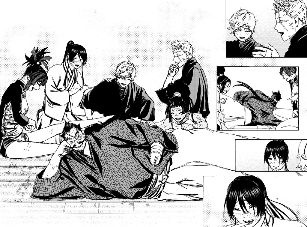 A two page spread from chapter 125 of Hell’s Paradise: Jigokuraku. The remaining convicts and Asaemons are laughing together.