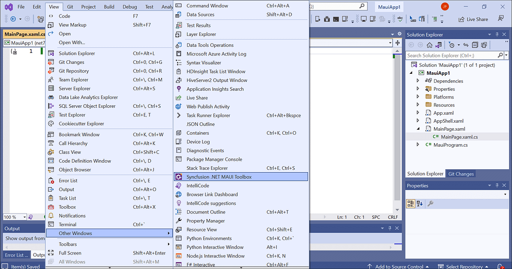 Choose View -> Other Windows -> Syncfusion .NET MAUI Toolbox from the Visual Studio menu