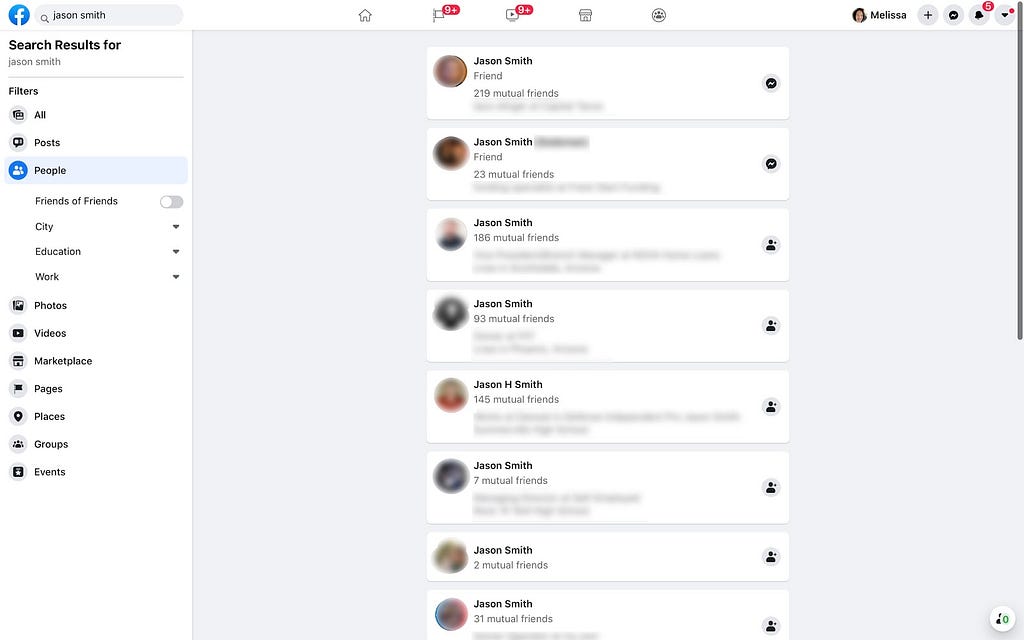 Screenshot of Facebook name search for people