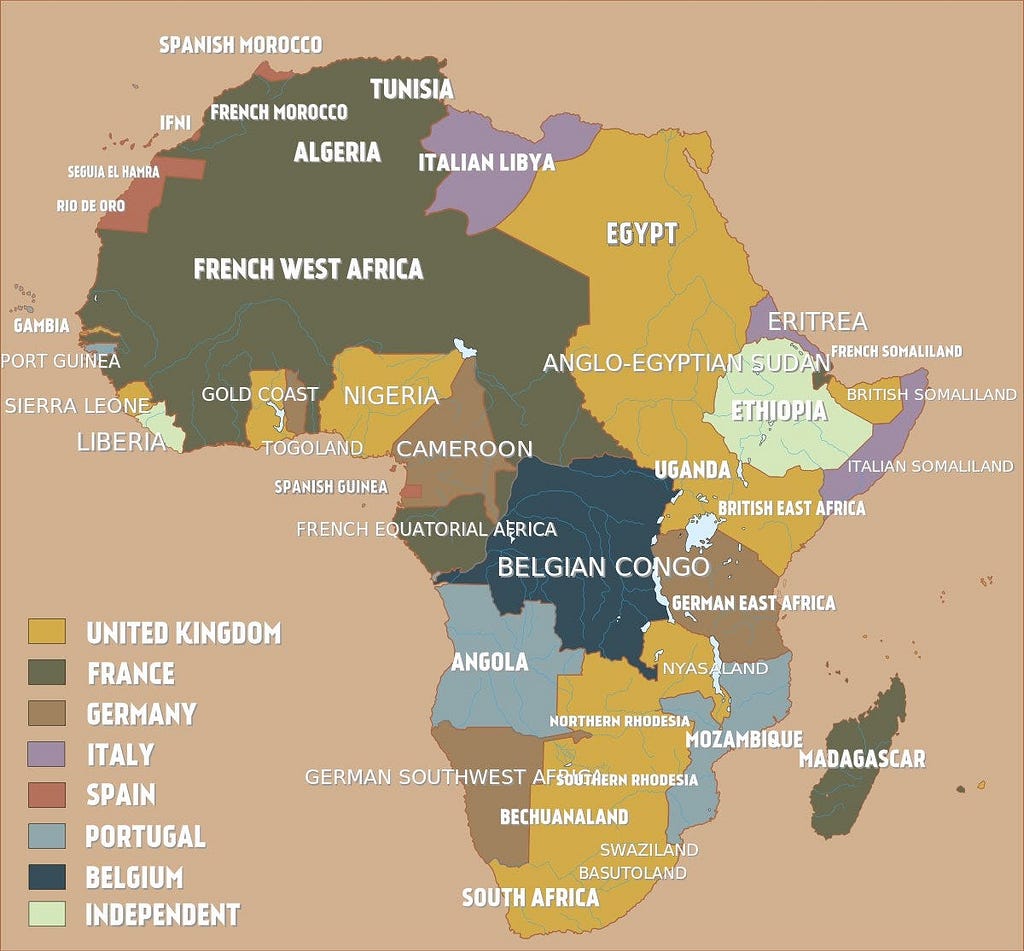A map of Africa showing the Colonial Language divide.