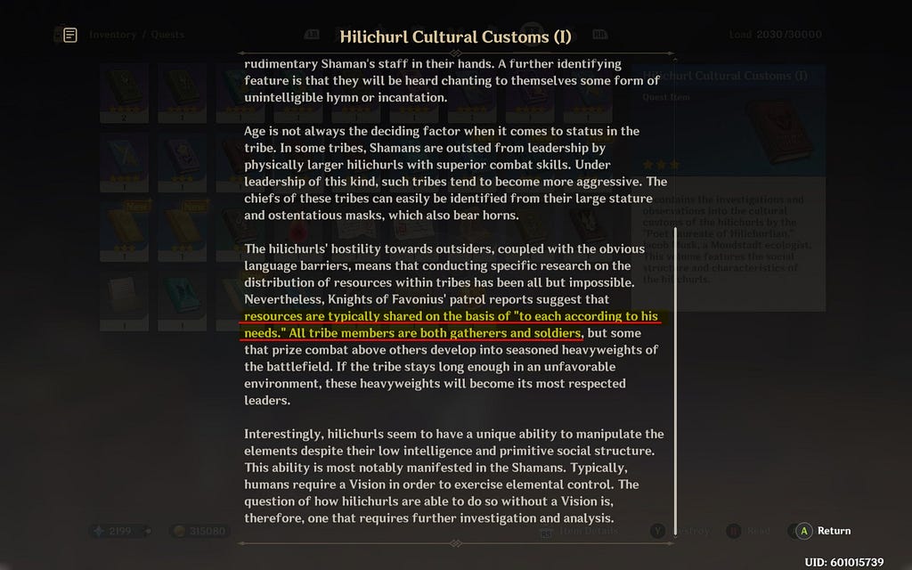 Hilichurl Cultural Customs (I) text, with the bit about “to each according to his needs” highlighted