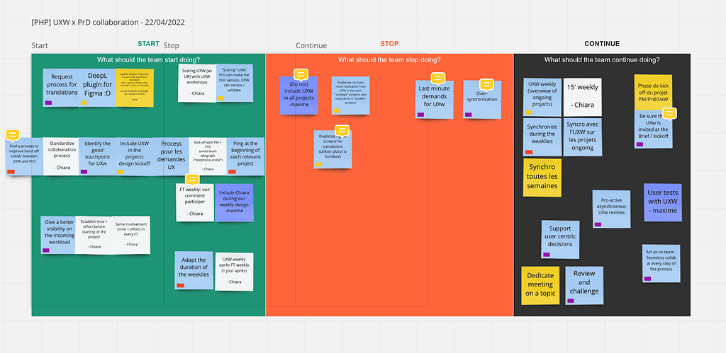 UX Writer/Product Designers retro sessions: 3 columns to discuss about which rituals and tasks we should start/stop/continue