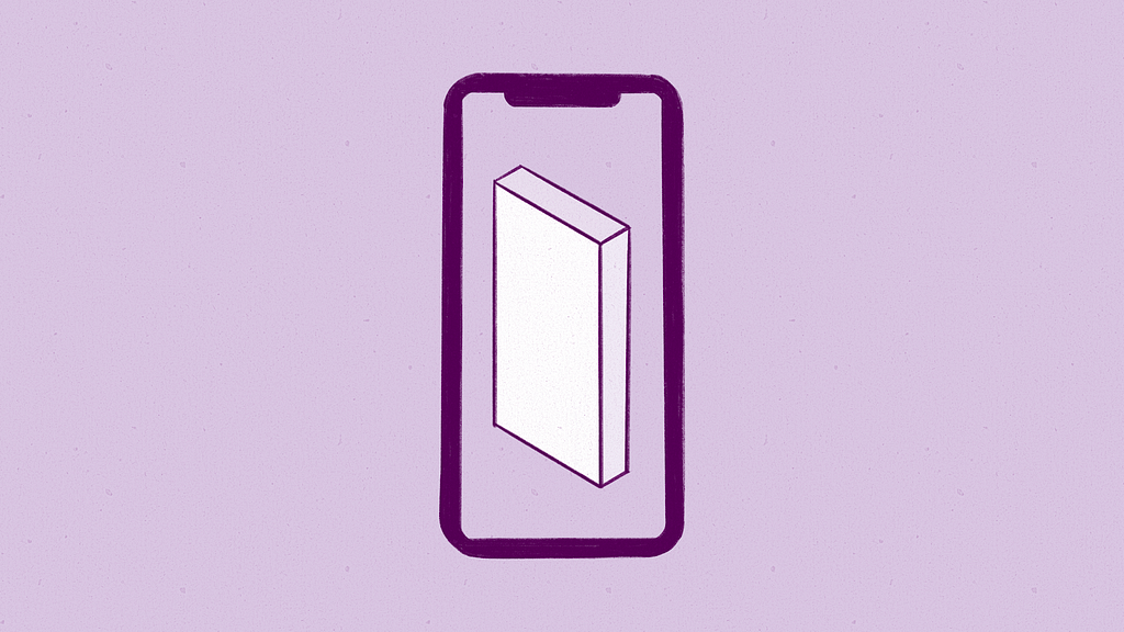 An illustrated mobile phone screen displays a white monolith.
