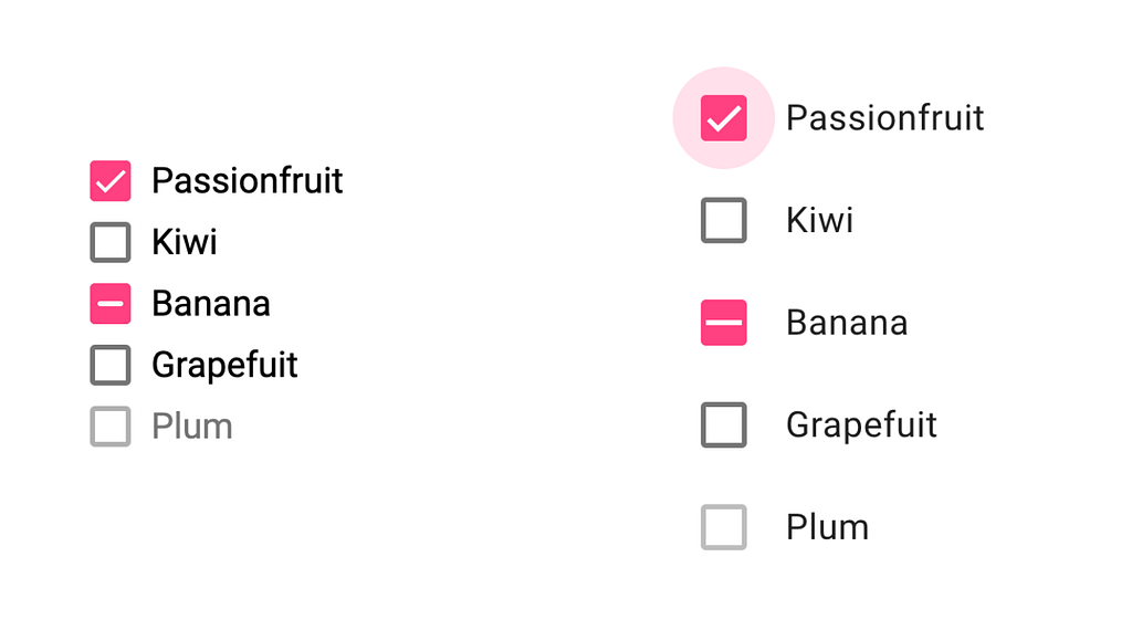 Checkboxes displaying updated touch target sizes