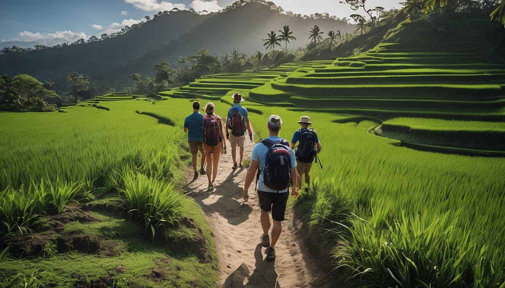 A group of tourists walking through the Bali landscape along a narrow path, passing rice terraces