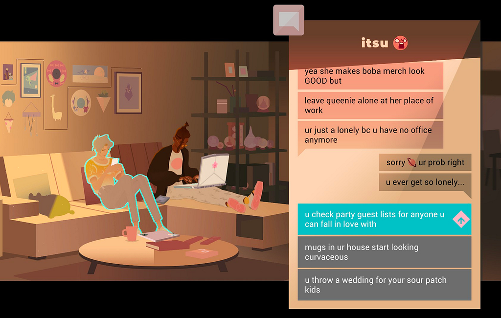 Two people from the OFK group are sitting on the couch. Carter is lounging in the background, using their computer. Luca is sitting in the foreground, texting on his phone. His texts appear as a popup on screen. He’s texting “Itsu” about being lonely.