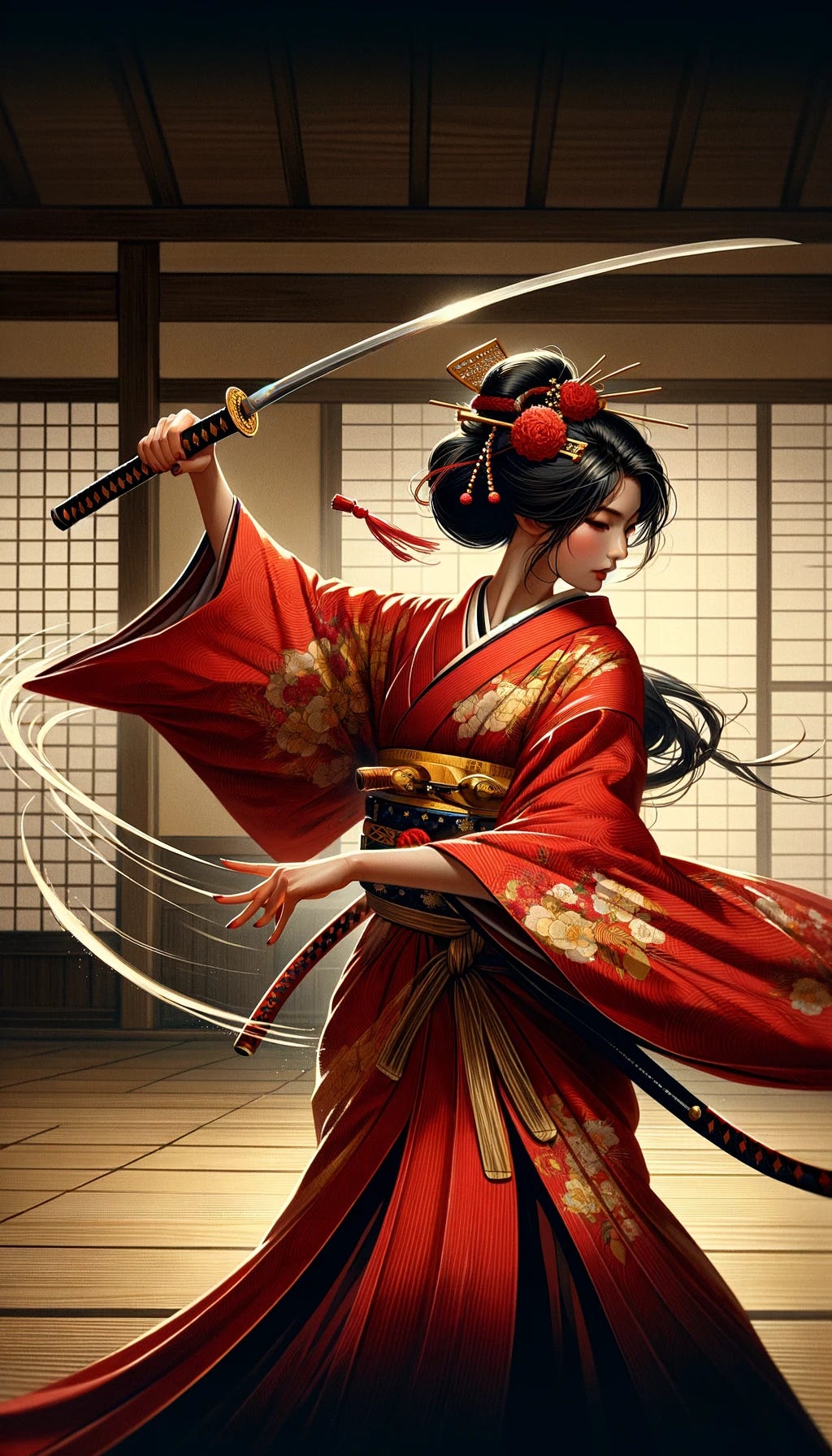 Illustration of a female samurai of East Asian descent, draped in a vibrant red and gold kimono-style battle garment, wielding a single, ornate katana sword. The blade is in a dynamic swirl around her, capturing a moment of fluid motion as if she were performing a martial dance. Her expression is focused and fierce, with a traditional hairstyle that includes delicate hairpins. The setting is an ancient dojo with paper walls and wooden floors, dimly lit by hanging lanterns.