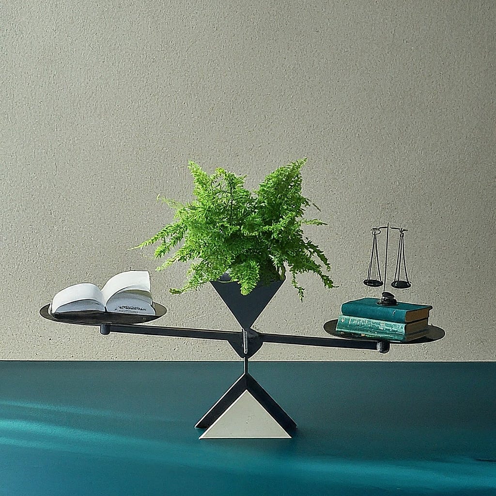 A balanced scale with a green plant on one side and books with a small justice scale on the other, illustrating the balance between nature and knowledge in measuring ESG environmental outcomes.