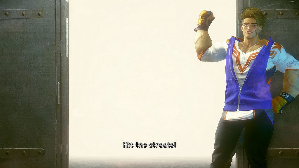 Street Fighter 6’s Luke pointing out of a metal door telling you to “Hit the streets!”