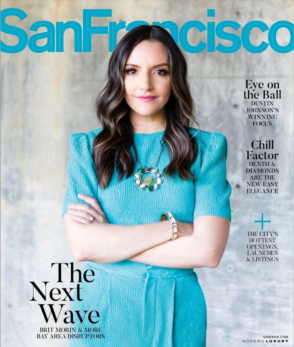 Cover of San Francisco Magazine with Brit Morin standing in a blue dress with crossed arms