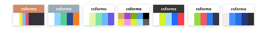 7 color palette directions with the Coforma logo on each one
