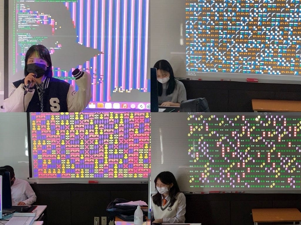 The image is a collage of four different photos. The top right photo features a student singing with a mic. In the same photo, audio responsive colorful pixels coded on p5live are shown on the background projection screen. Other three photos feature three different students playing a midi keyboard and the projection shows students’ works of generative geometric patterns made with p5.js.