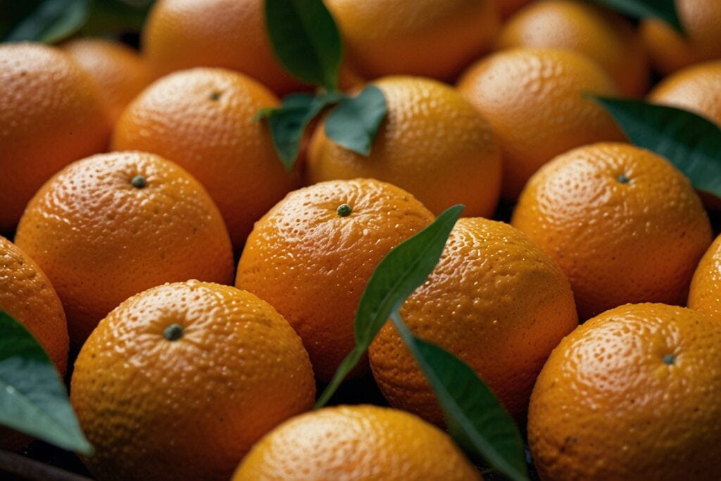 Close-up of fresh hydroponic oranges with leaves, showing detailed texture and moisture droplets on their surface.