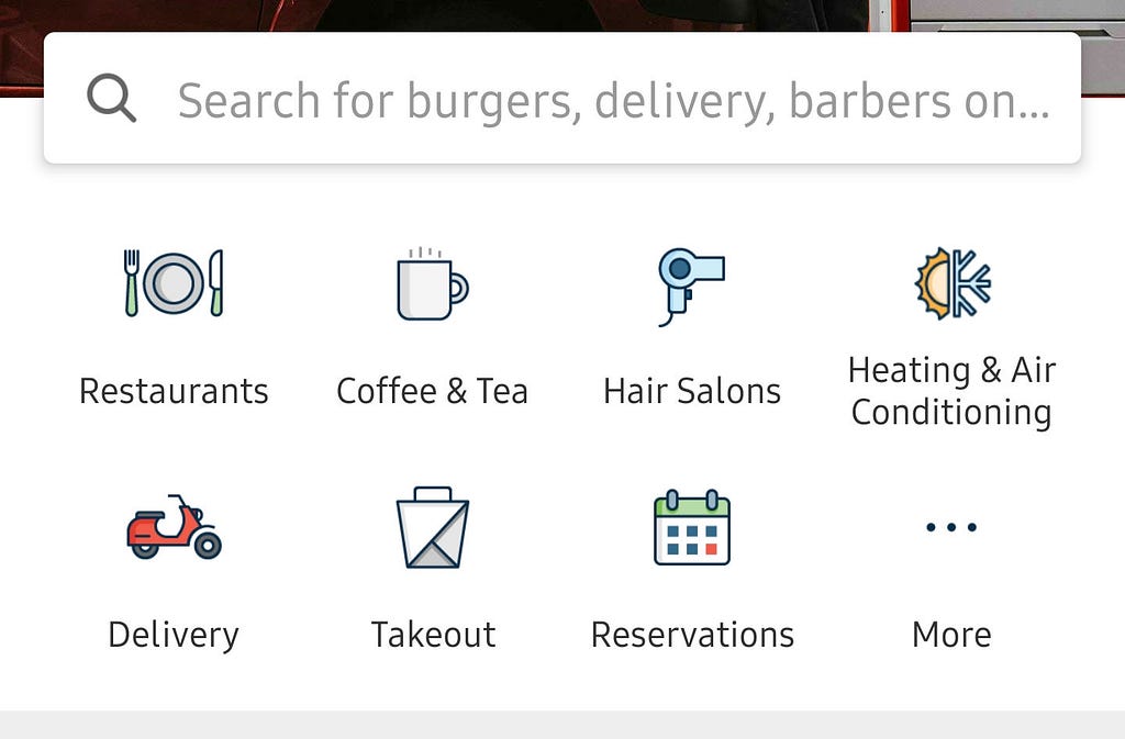 A screenshot of the search category illustrations in Yelp’s Android app.