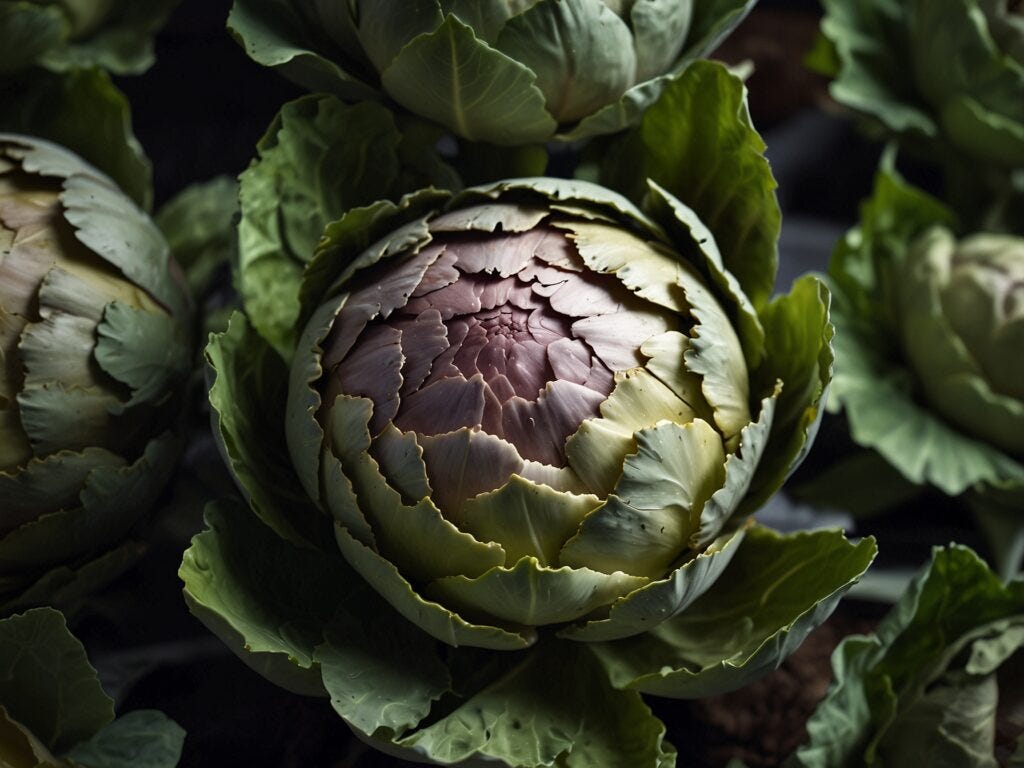 Close-up of a purple hydroponic artichoke surrounded by green leaves, highlighted with dramatic lighting on a dark background.