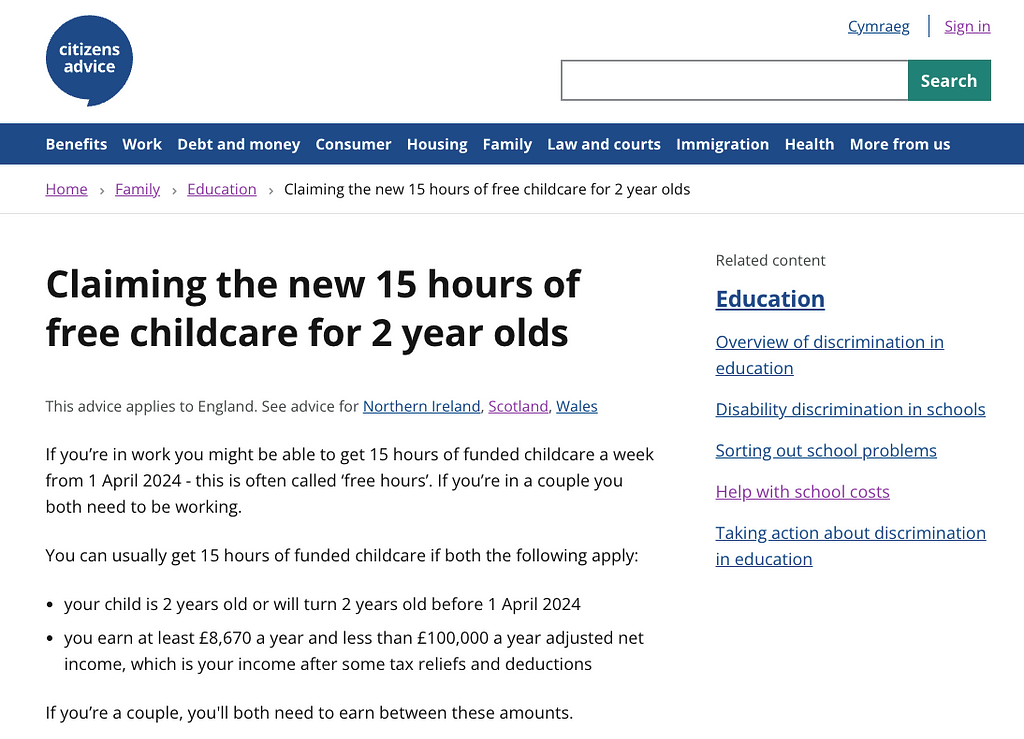 A screenshot of the ‘Claiming the new 15 hours of free childcare for 2 year olds’ advice webpage