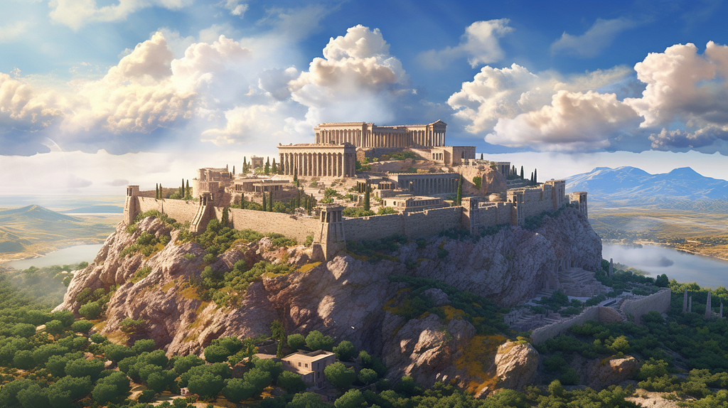 A stunning vista of an ancient Acropolis nestled on a verdant hill, overlooking a vibrant, bustling cityscape. Encompassed by wispy clouds, the monument stands as a testament of synergy and unity. On the architectural masterpiece, iconic figures — an ingenious architect, a charismatic diplomat, and a strategic chess player — are skillfully carved, each embodying an essential facet of a positive relationship.