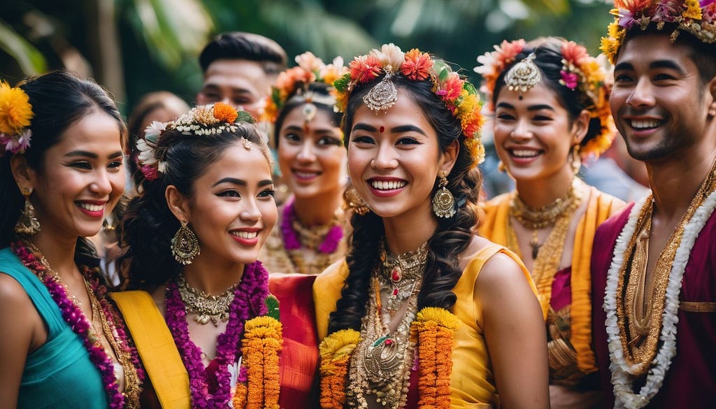 A gathering of Balinese in an idealised setting and dress, but showing the colour and smiles that are typical of Balinese people