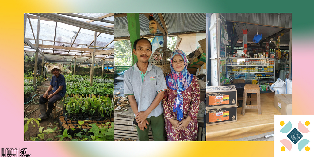 A collage of four photos. One shows a farmer in his greenhouse. Two shows agent Bo Arpina standing in front of a chicken coop. Three shows Bo Arpina’s agri-kiosk store, stocked with multiple products for farming, like fertilizer.