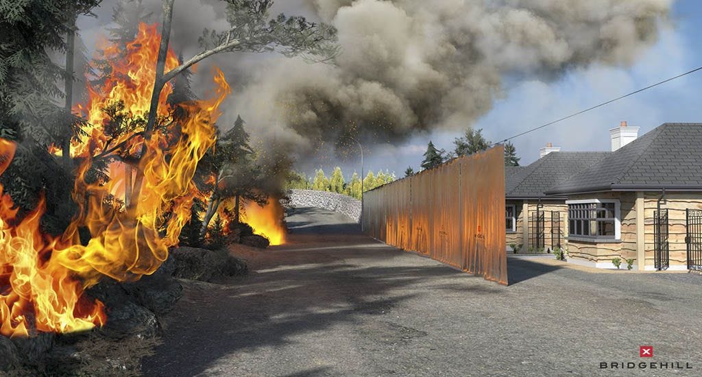 Bridegill fire blanket protecting homes from wildfire