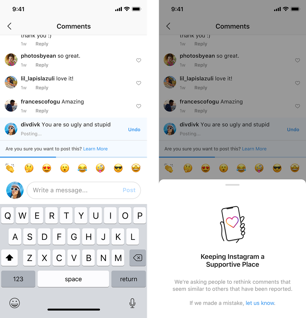 A split-screen screenshot of Instagram’s anti-bullying feature. On the left, a user attempts to post the insult ‘You are so ugly and stupid’; on the right, a warning pop-up appears asking the user to rethink their comment to keep the platform a supportive place.