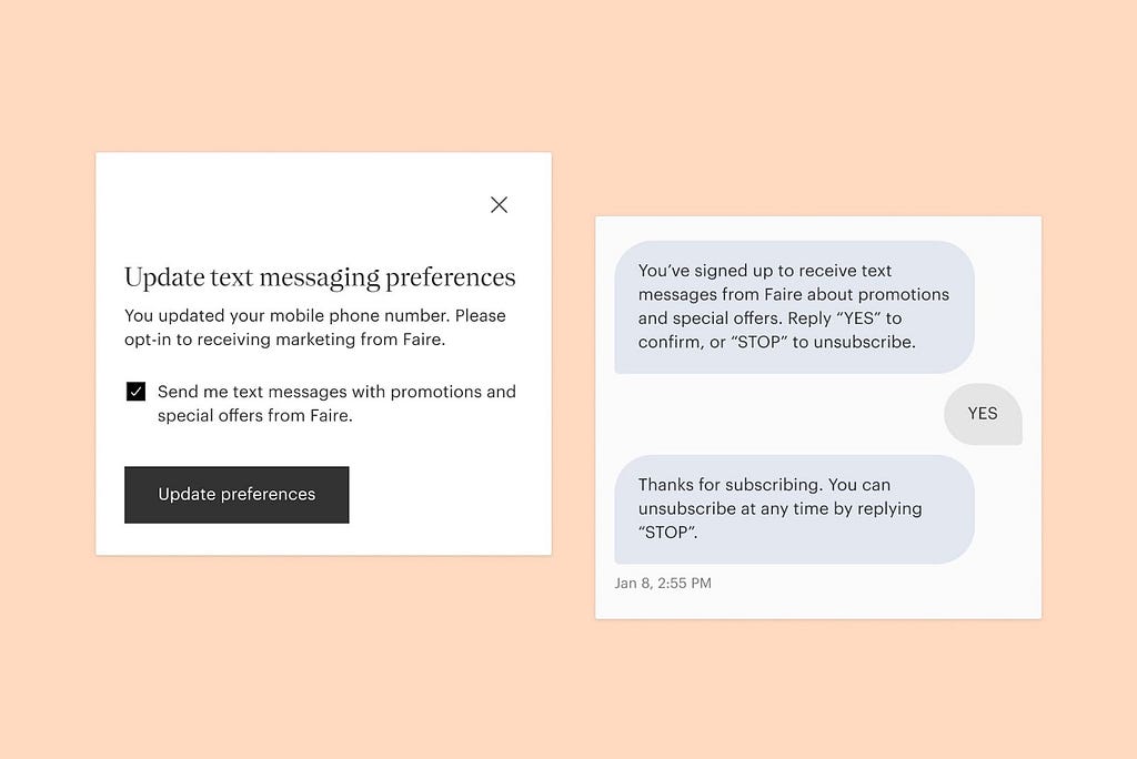 Left: An image of a form with a checkbox asking about text messaging preferences. Right: An image of a text message conversation, where a user confirmed their enrollment status by replying “YES”, and gets a message back letting them know they can reply “STOP” to cancel.