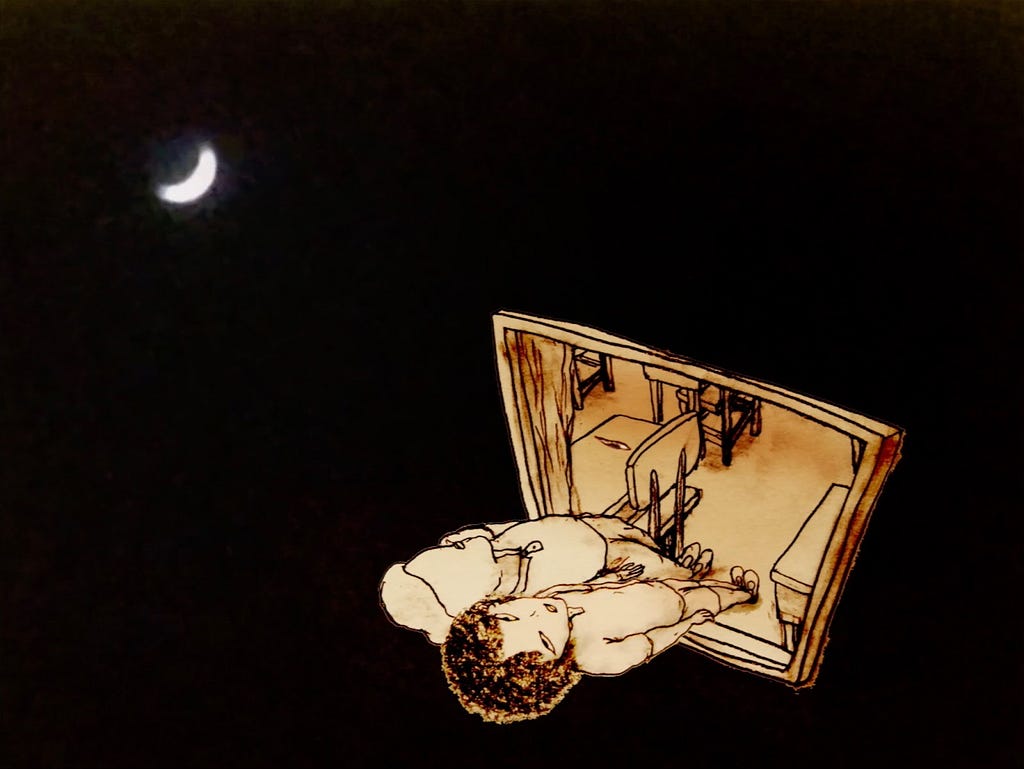 A girl with short black hair and a boy with only a mouth lean side-by-side out a classroom window. They face upwards and watch a white, crescent moon against a black background.