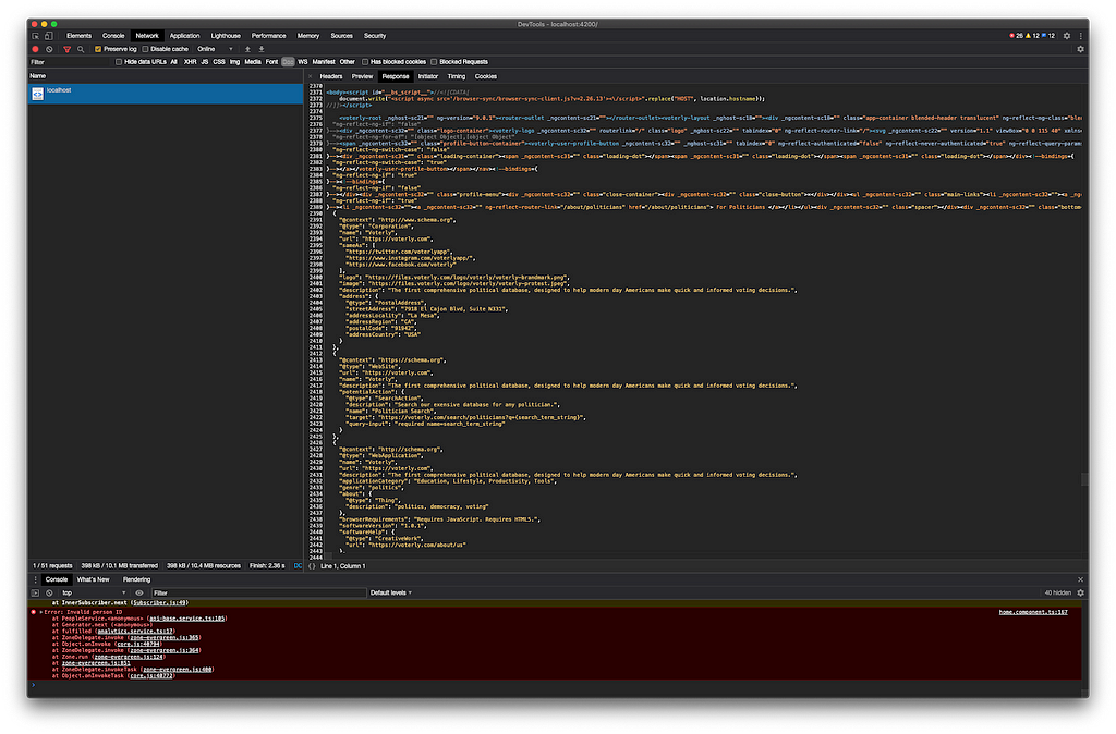 A screenshot of the Chrome Web Inspector showing the correct HTML rendered into the root component.