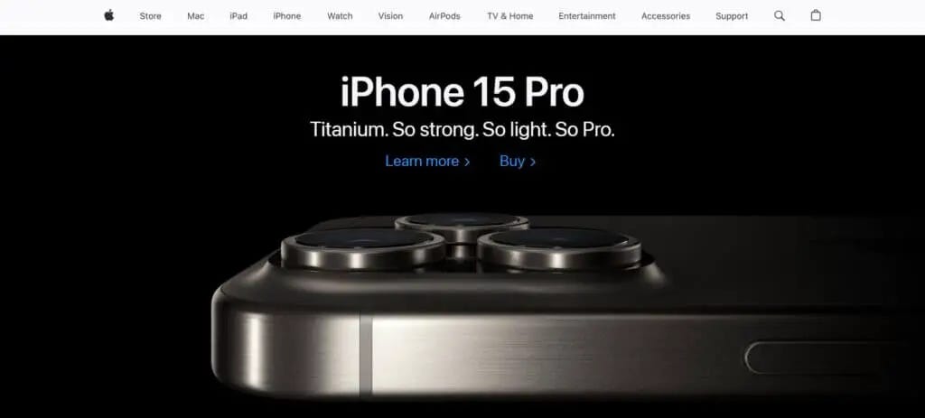 Apple homepage showcasing iPhone 15 Pro with black background