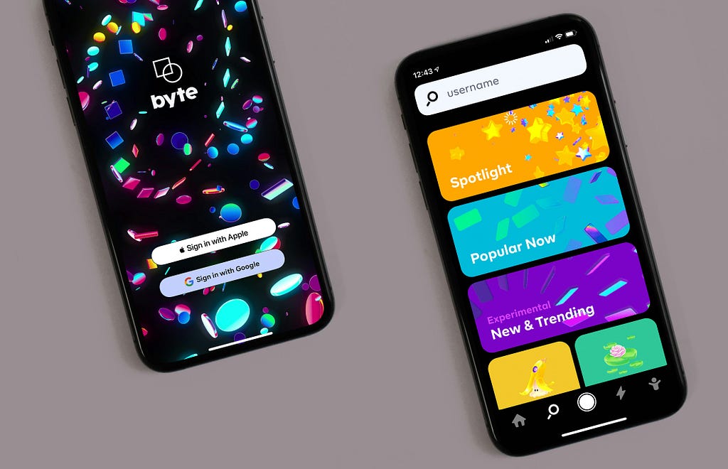 Two mobile phone screens showing login and homepages for an app. The screens are bright and colourful.