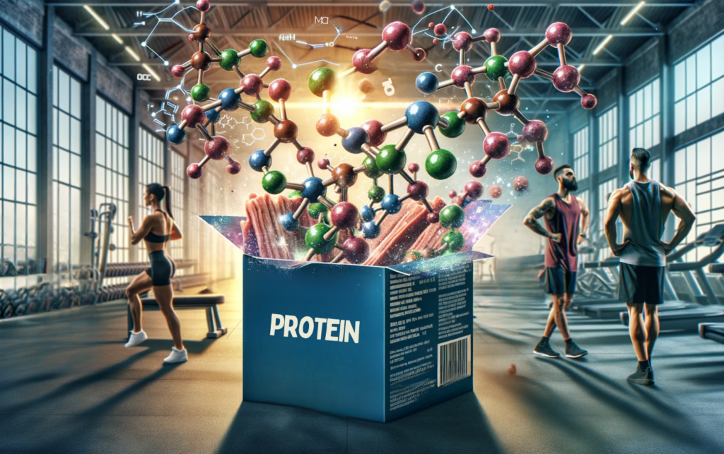 Photo in 16:9 aspect ratio illustrating the significance of protein in muscle growth. The background showcases a gym setting with athletes training. Superimposed is a vivid depiction of protein molecules, with amino acids joining like Lego blocks. The base layer contains an open nutrition label highlighting the protein content.