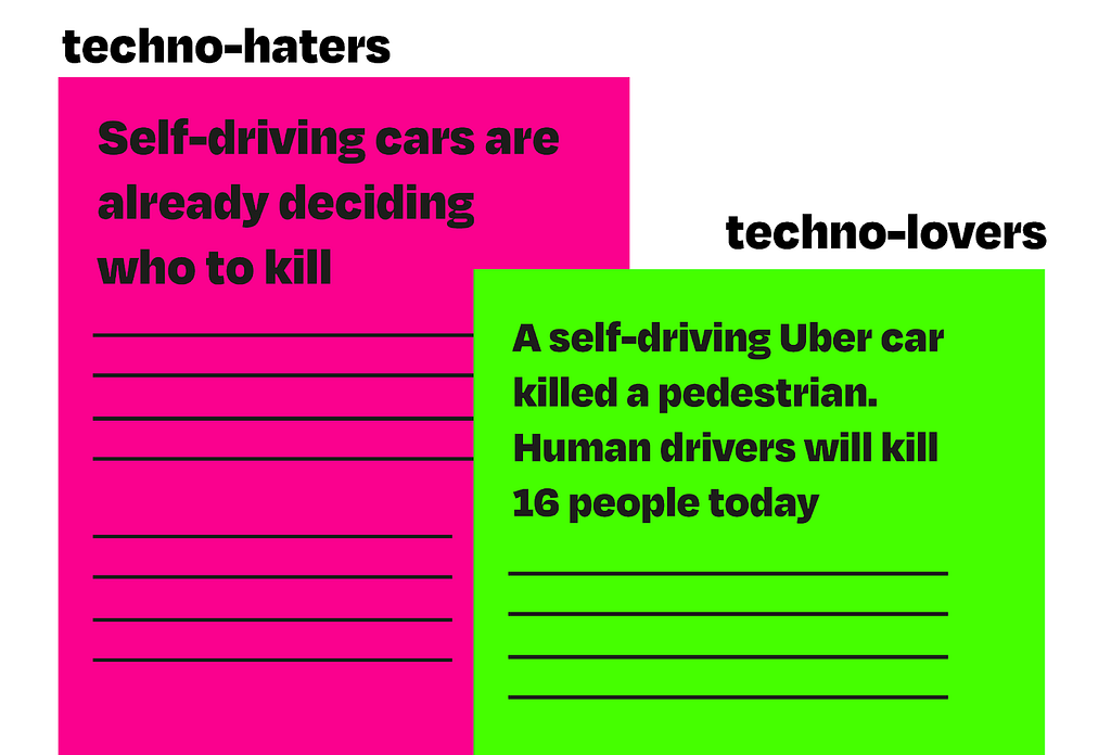 Two images showing two article covers about autonomous cars — one is for techno-haters and second one for techno-lovers.