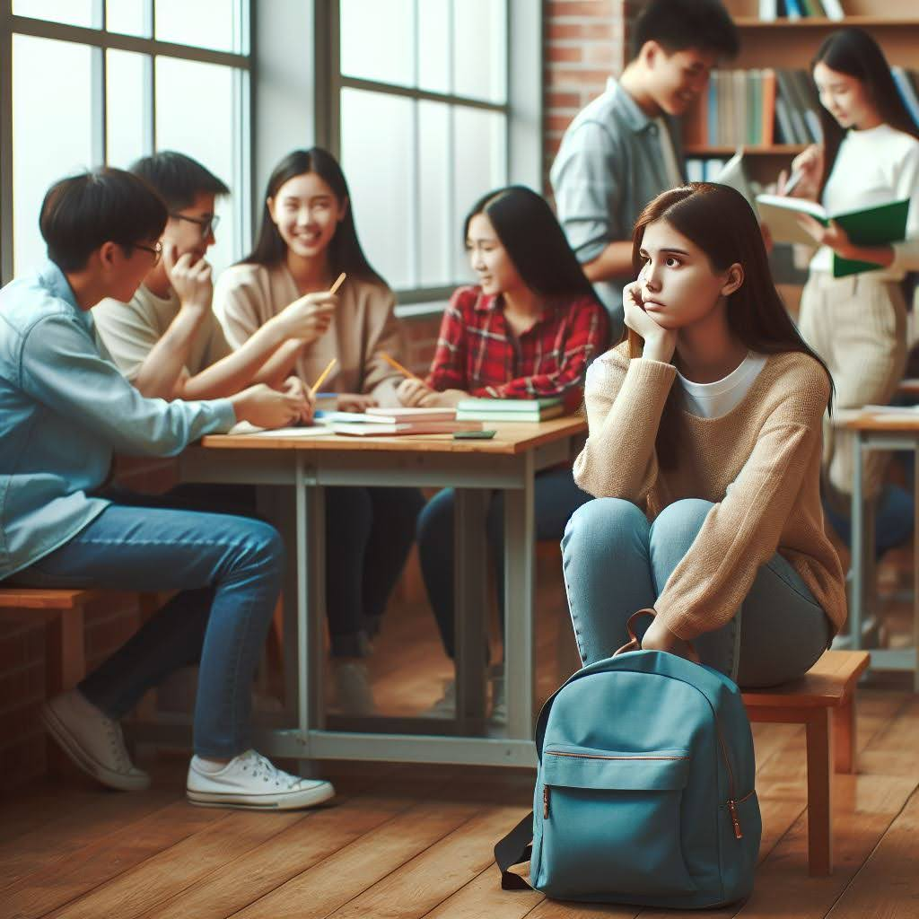 A young girl sitting alone away from her other colleagues who are seen forming healthy network as groups, the young girl is probably having difficulties forming effective professional network