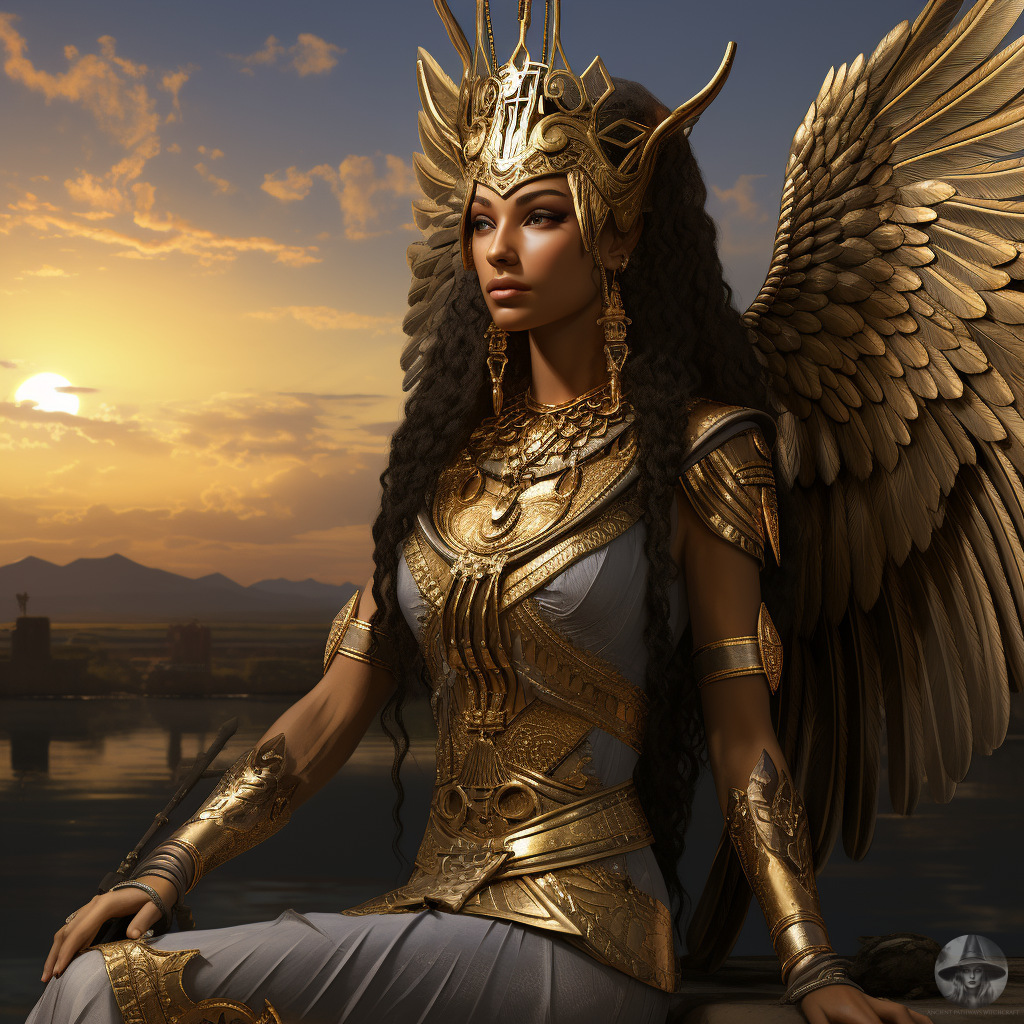 Egyptian goddess Isis sitting down on a wooden deck in front of the lake, dark gold and light gold, elaborate costumes, god rays, life-like avian illustrations, hyper-realistic portraits