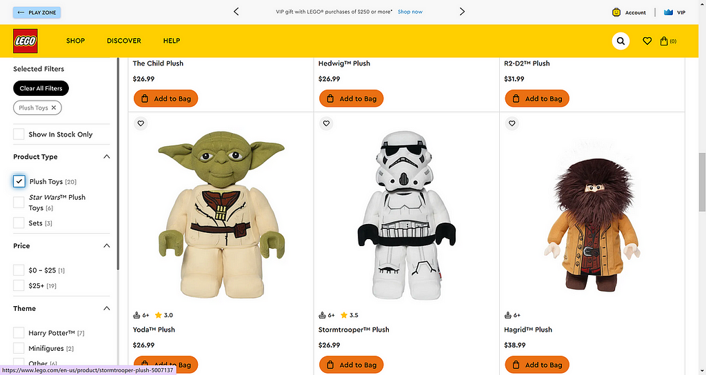 screenshot of Lego website stuffed animal collection